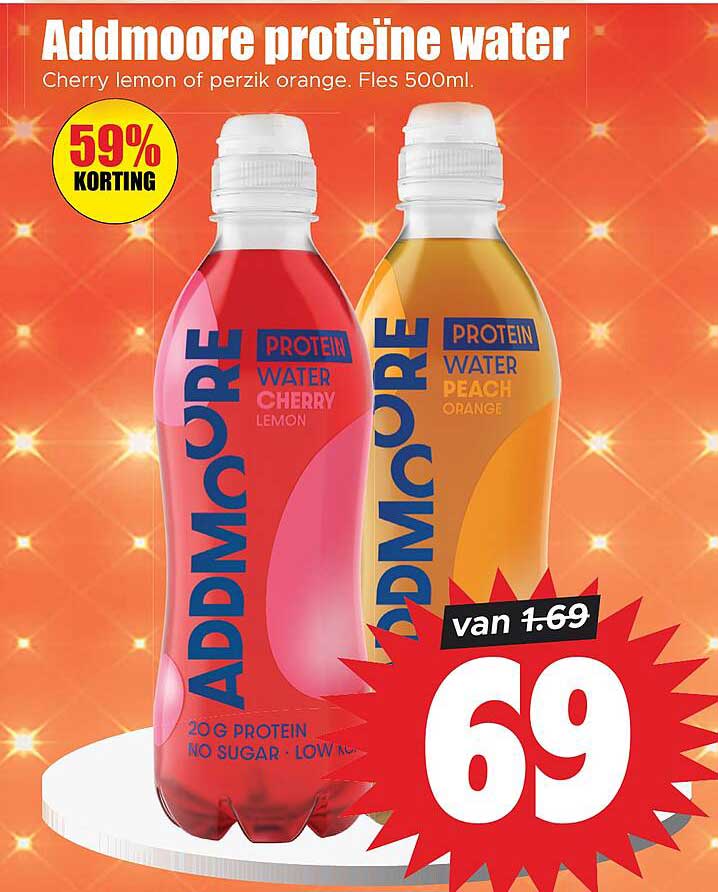 Addmoore proteïne water Cherry lemon of perzik orange. Fles 500ml.