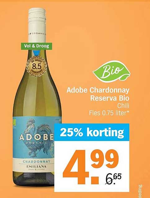 Adobe Chardonnay Reserva Bio Chili Fles 0.75 liter* 25% korting