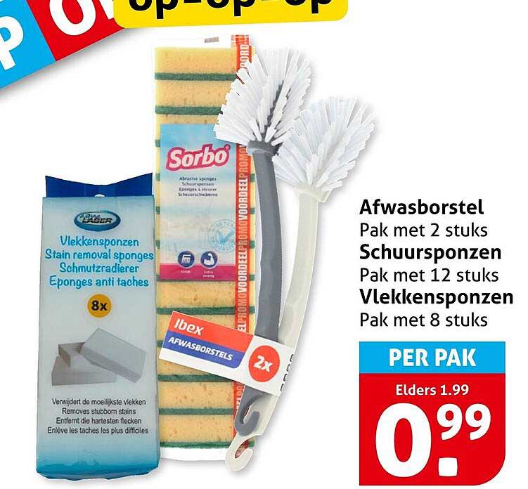 Afwasborstel Pak met 2 stuks Schuursponzen Pak met 12 stuks Vlekkensponzen Pak met 8 stuks