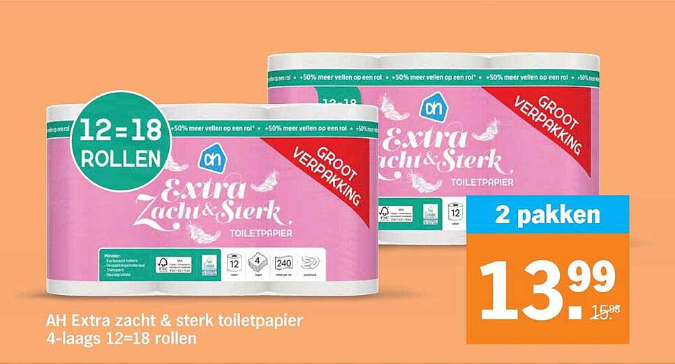 AH Extra zacht & sterk toiletpapier 4-laags 12=18 rollen
