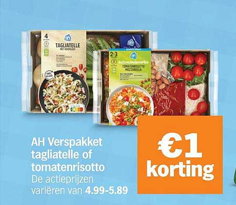 AH Verspakket tagliatelle of tomatenrisotto €1 korting
