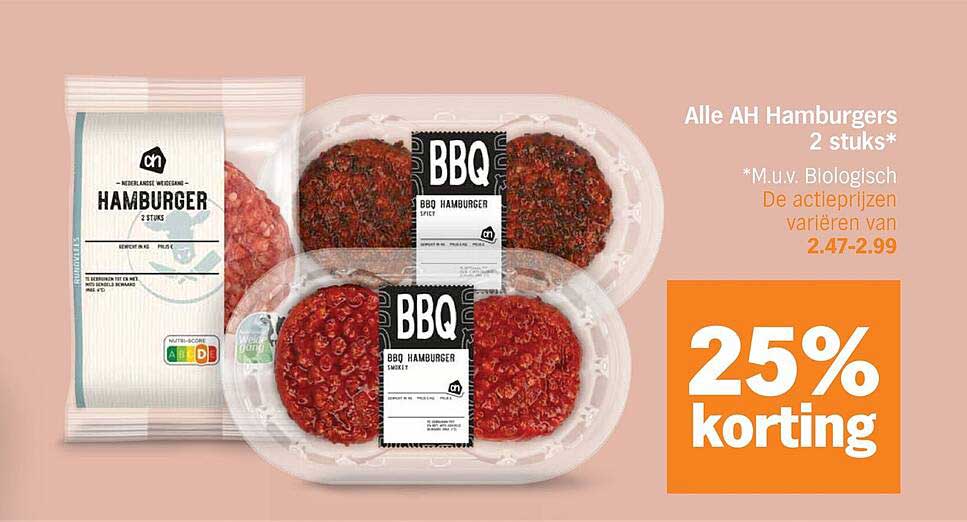 Alle AH Hamburgers 2 stuks* 25% korting