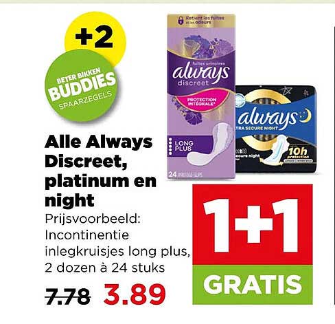 Alle Always Discreet, platinum en night 1+1 gratis
