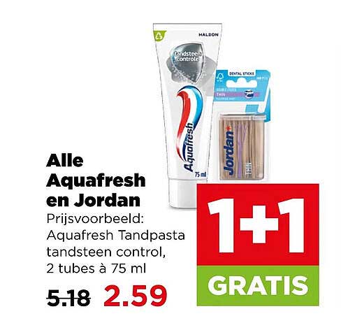 Alle Aquafresh en Jordan Prijsvoorbeeld: Aquafresh Tandpasta tandsteen control, 2 tubes à 75 ml 1+1 GRATIS