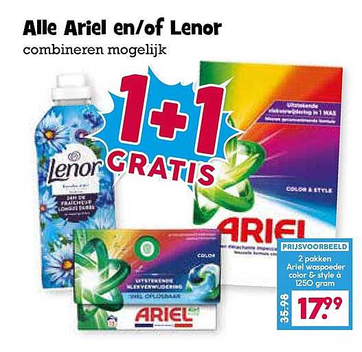 Alle Ariel en/of Lenor combineren mogelijk 1+1 GRATIS