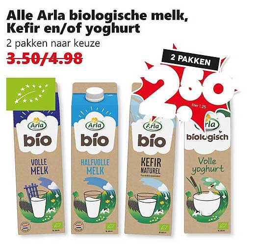 Alle Arla biologische melk, Kefir en/of yoghurt 2 pakken naar keuze