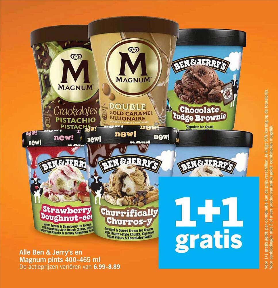Alle Ben & Jerry's en Magnum pints 400-465 ml 1+1 gratis