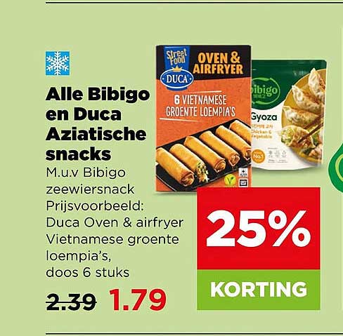 Alle Bibigo en Duca Aziatische snacks 25% KORTING