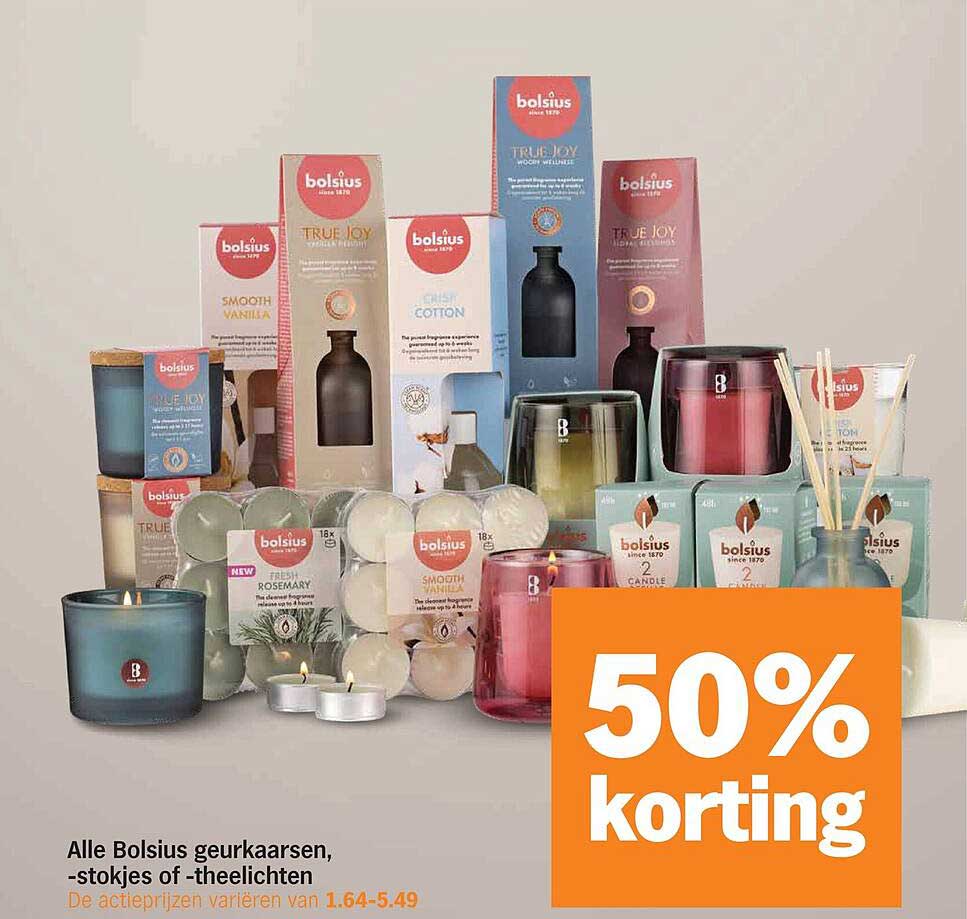 Alle Bolsius geurkaarsen, -stokjes of -theelichten 50% korting