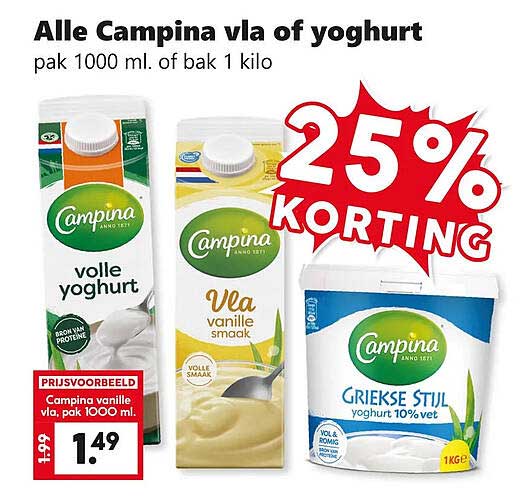Alle Campina vla of yoghurt pak 1000 ml. of bak 1 kilo 25% korting