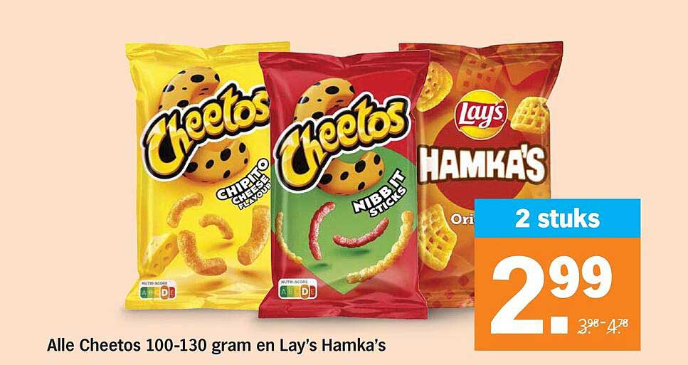 Alle Cheetos 100-130 gram en Lay’s Hamka’s 2 stuks