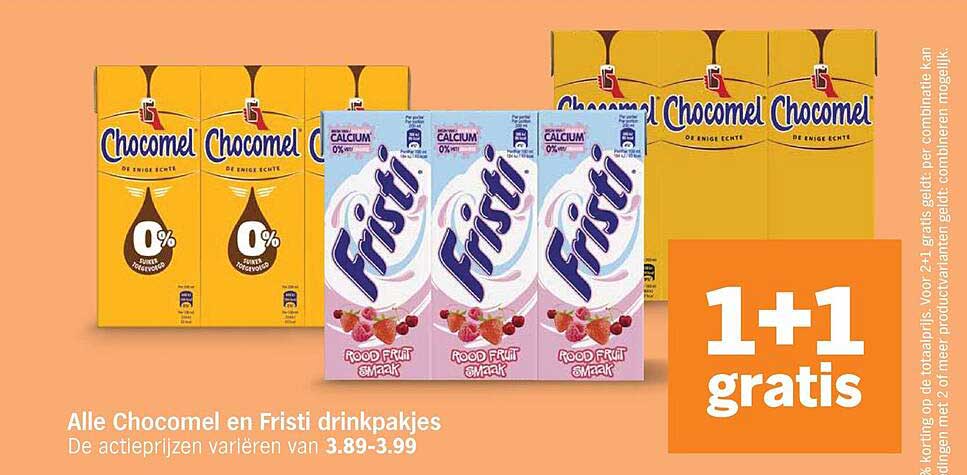 Alle Chocomel en Fristi drinkpakjes 1+1 gratis