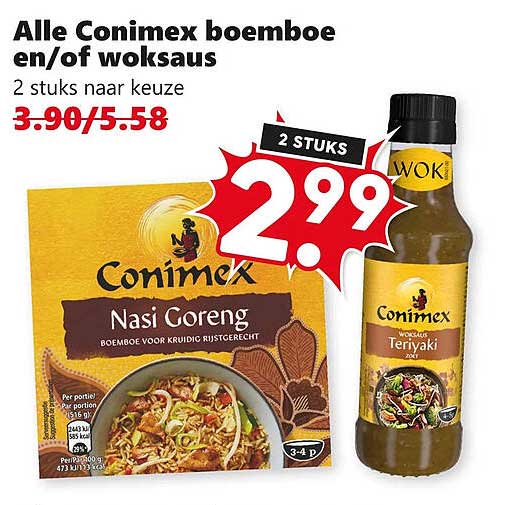 Alle Conimex boemboe en/of woksaus 2 stuks naar keuze