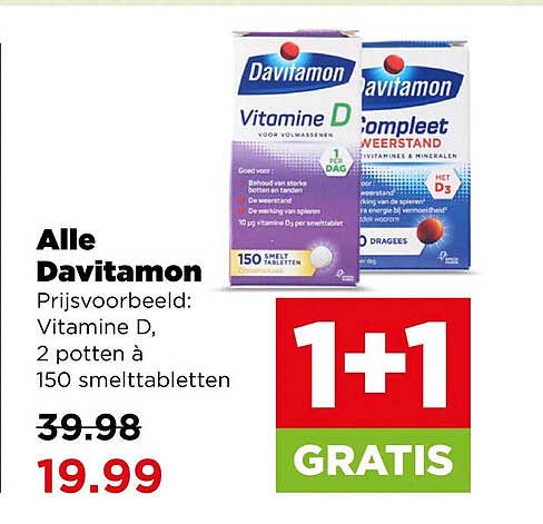 Alle Davitamon Vitamine D, 2 potten à 150 smelttabletten 1+1 GRATIS