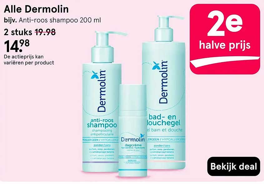 Alle Dermolin bijv. Anti-roos shampoo 200 ml 2e halve prijs