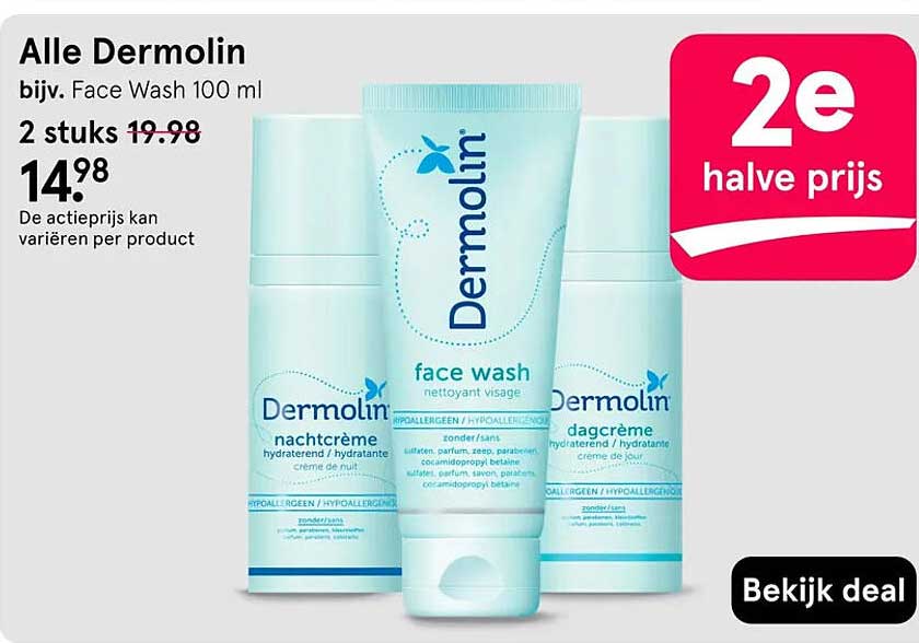 Alle Dermolin bijv. Face Wash 100 ml 2e halve prijs