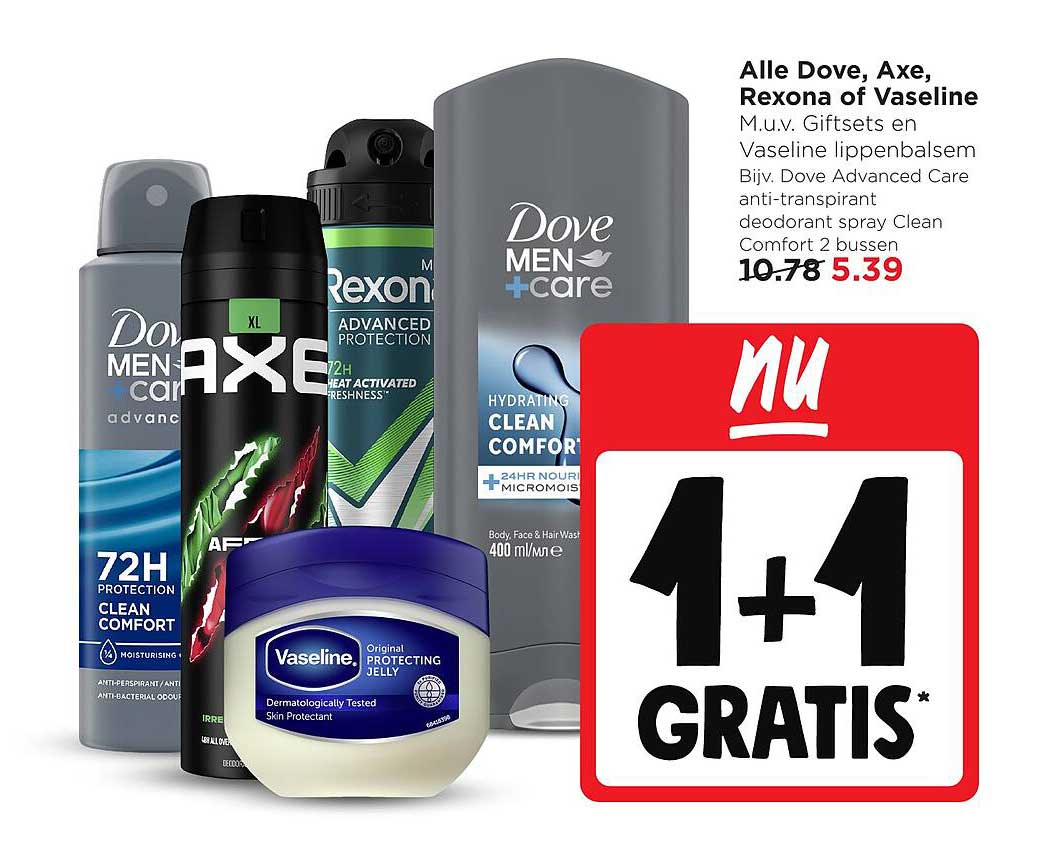 Alle Dove, Axe, Rexona of Vaseline 1+1 gratis