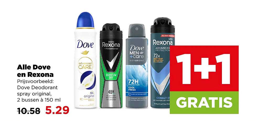 Alle Dove en Rexona - Prijsvoorbeeld: Dove Deodorant spray original, 2 bussen à 150 ml 1+1 gratis