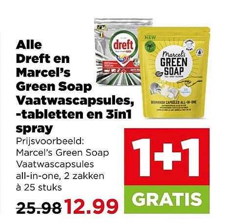 Alle Dreft en Marcel's Green Soap Vaatwascapsules, -tabletten en 3in1 spray 1+1 GRATIS