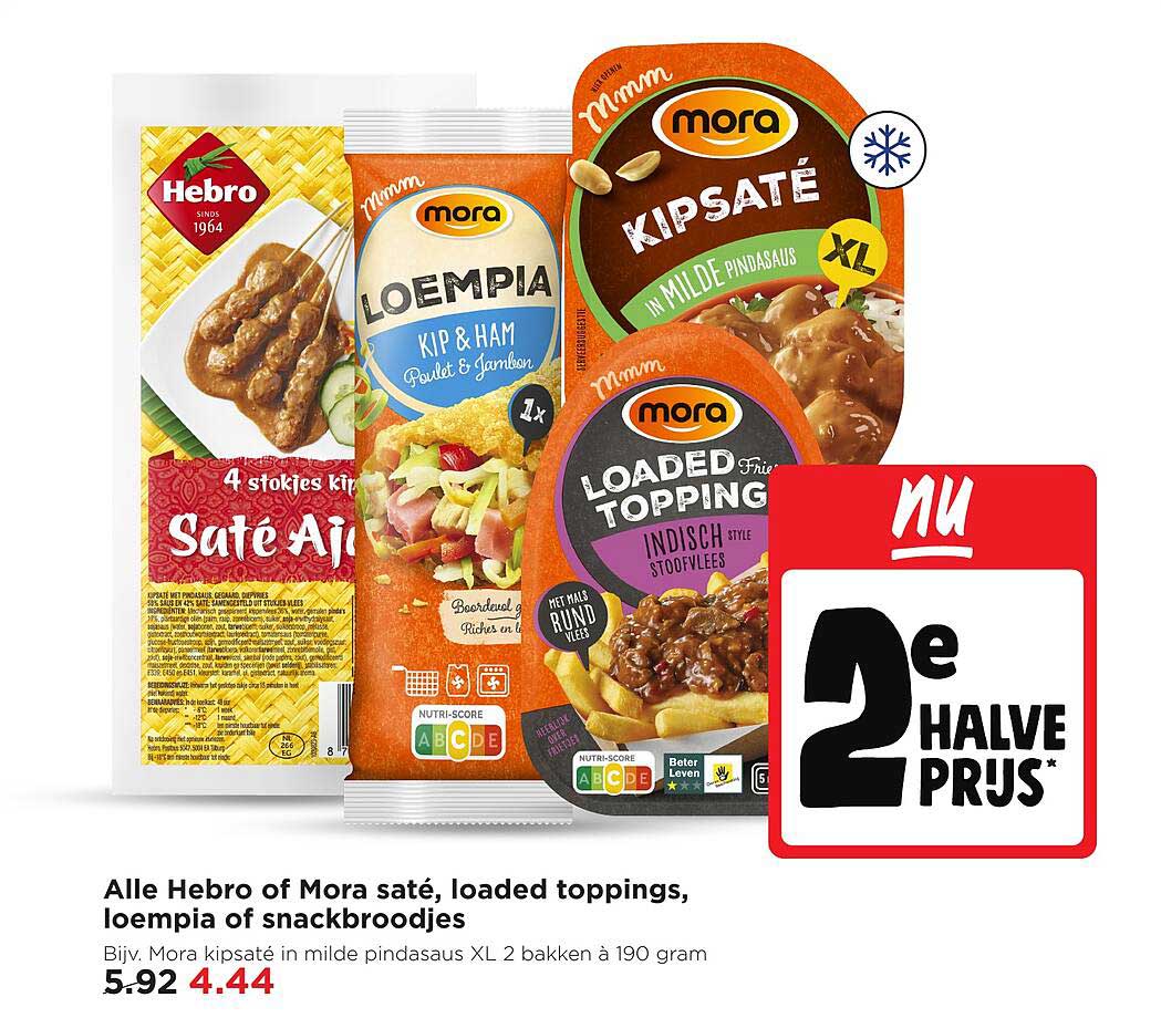 Alle Hebro of Mora saté, loaded toppings, loempia of snackbroodjes 2e halve prijs