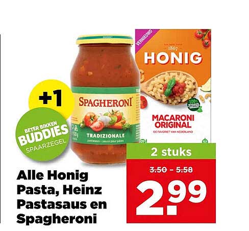 Alle Honig Pasta, Heinz Pastasaus en Spagheroni +1 Beter Bikken Buddies spaarzegel