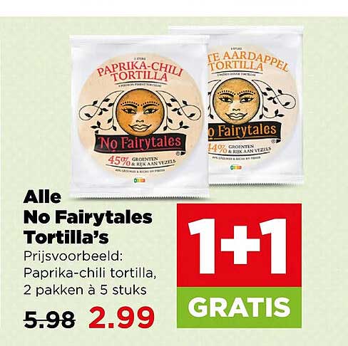 Alle No Fairytales Tortilla’s 1+1 GRATIS