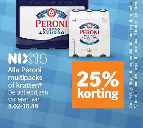 Alle Peroni multipacks of kratten* 25% korting