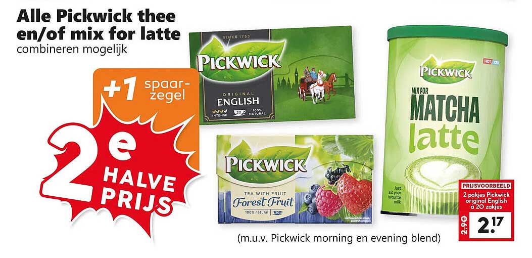 Alle Pickwick thee en/of mix for latte combineren mogelijk +1 spaarzegel 2e halve prijs