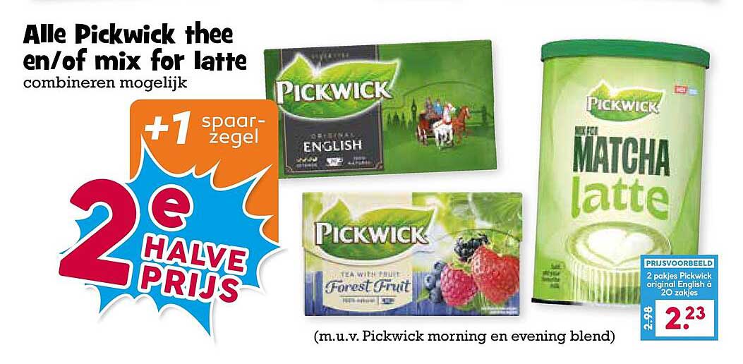 Alle Pickwick thee en/of mix for latte combineren mogelijk 2e halve prijs