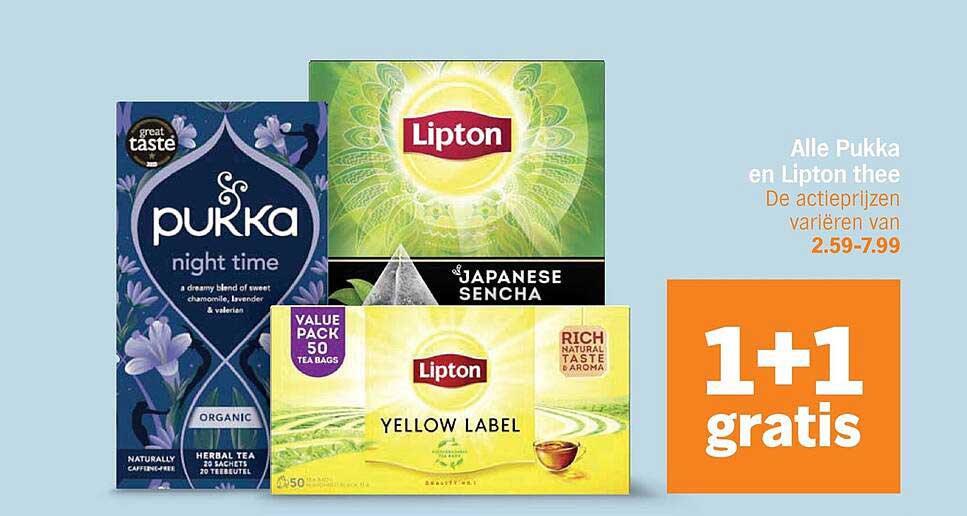Alle Pukka en Lipton thee 1+1 gratis