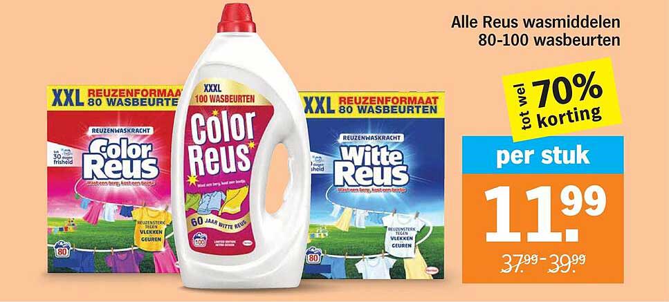 Alle Reus wasmiddelen 80-100 wasbeurten tot wel 70% korting per stuk