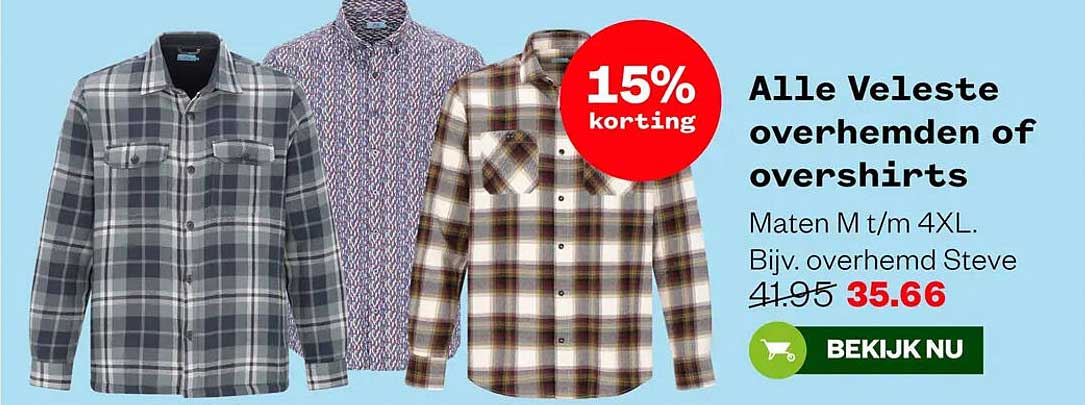 Alle Veleste overhemden of overshirts 15% korting