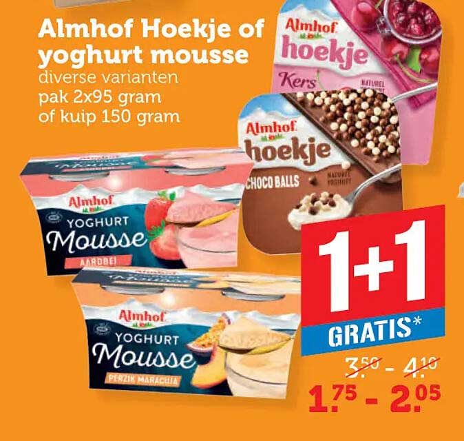 Almhof Hoekje of yoghurt mousse diverse varianten pak 2x95 gram of kuip 150 gram 1+1 gratis