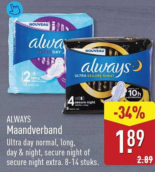 ALWAYS Maandverband Ultra day normal, long, day & night, secure night of secure night extra. 8-14 stuks.