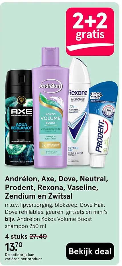 Andrélon, Axe, Dove, Neutral, Prodent, Rexona, Vaseline, Zendium en Zwitsal 2+2 gratis