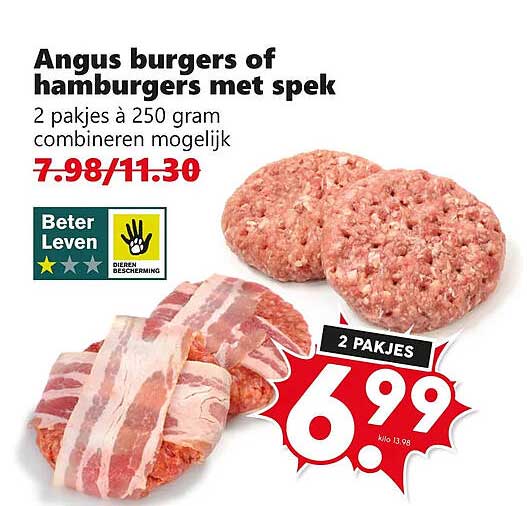 Angus burgers of hamburgers met spek 2 pakjes à 250 gram combineren mogelijk