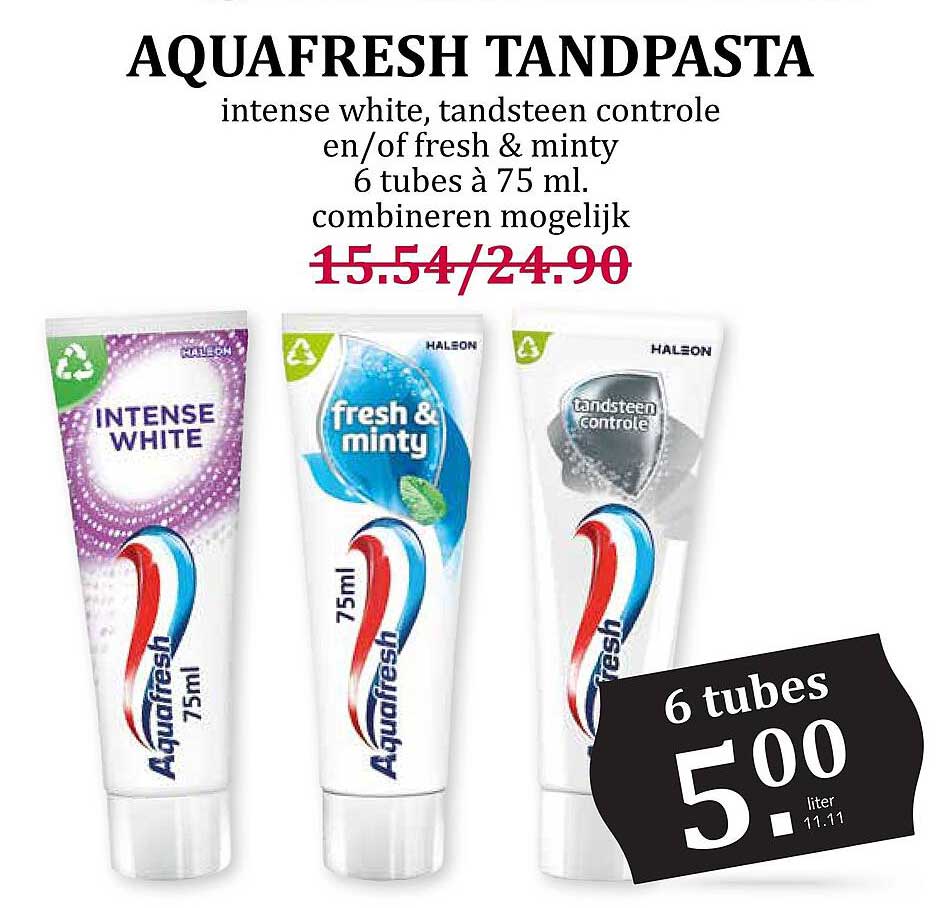 AQUAFRESH TANDPASTA intense white, tandsteen controle en/of fresh & minty 6 tubes à 75 ml, combineren mogelijk
