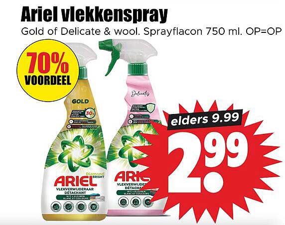 Ariel vlekkenpray Gold of Delicate & wool. Sprayflacon 750 ml. OP=OP elders 9.99 70% VOORDEEL