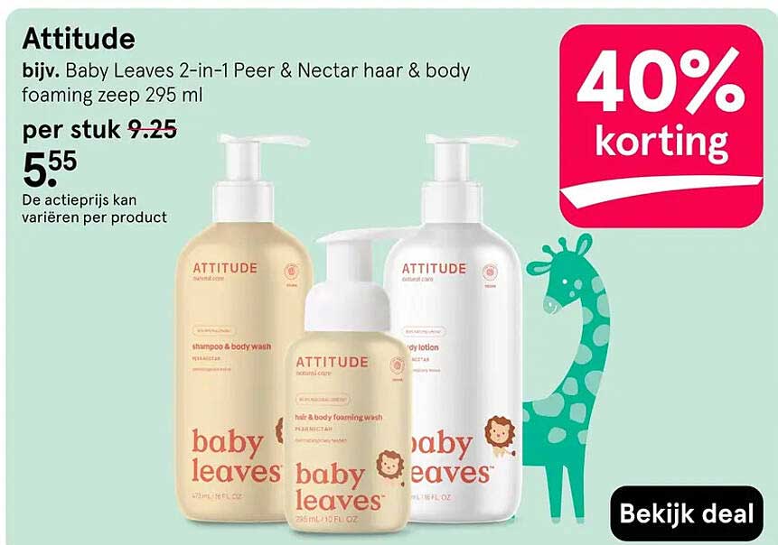 Attitude bijv. Baby Leaves 2-in-1 Peer & Nectar haar & body foaming zeep 295 ml 40% korting
