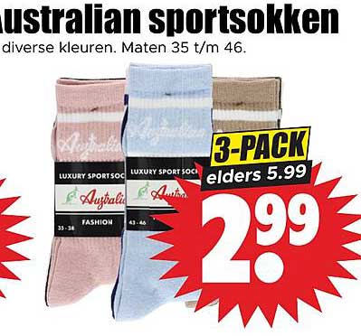 australian sportsokken diverse kleuren. Maten 35 t/m 46. 3-PACK elders 5.99