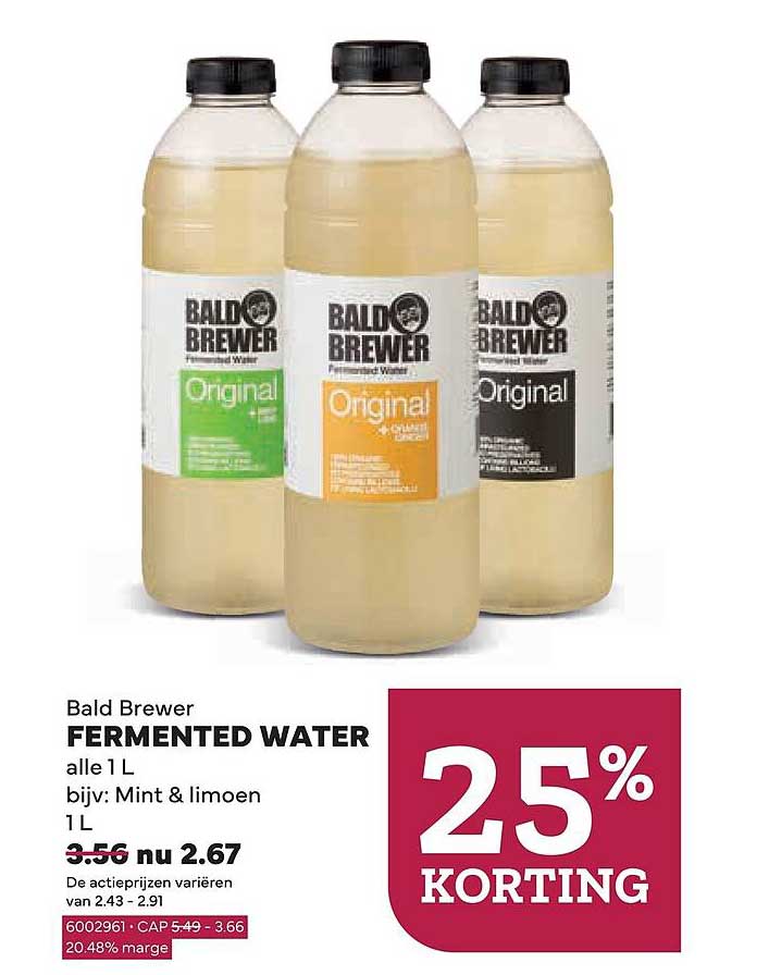 Bald Brewer FERMENTED WATER alle 1 L bijv: Mint & limoen 1 L 25% KORTING