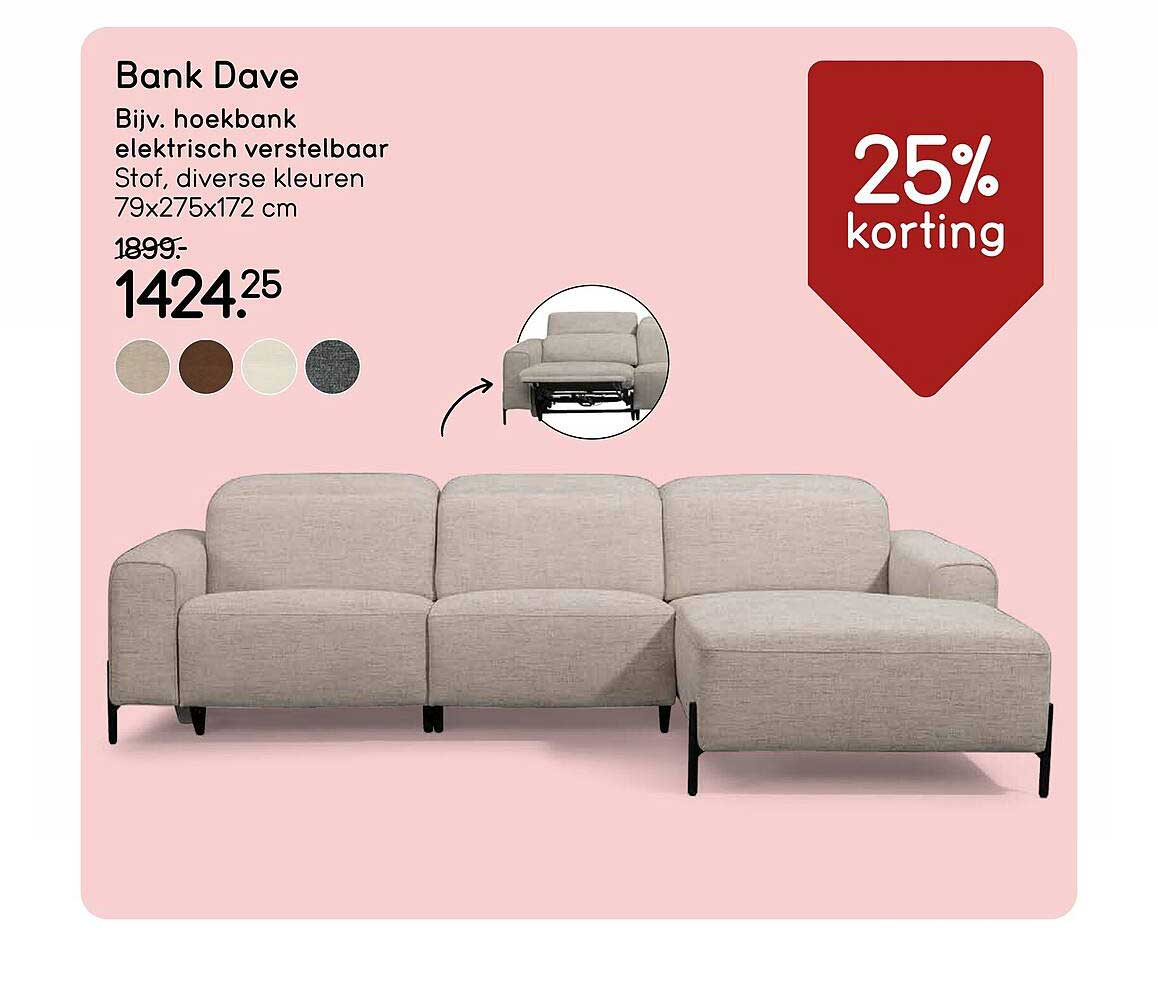 Bank Dave Bijv. hoekbank elektrisch verstelbaar Stoff, diverse kleuren 79x275x172 cm 25% korting