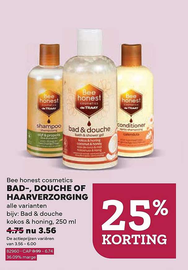 Bee honest cosmetics BAD-, DOUCHE OF HAARVERZORGING 25% KORTING