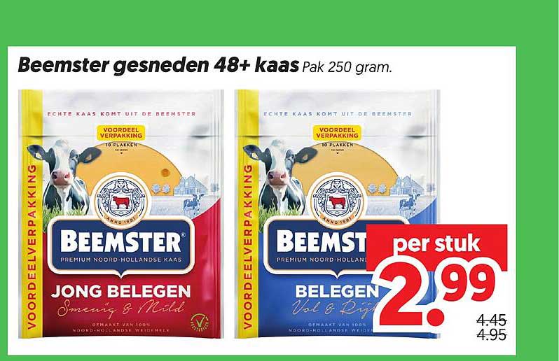 Beemster gesneden 48+ kaas Pak 250 gram.