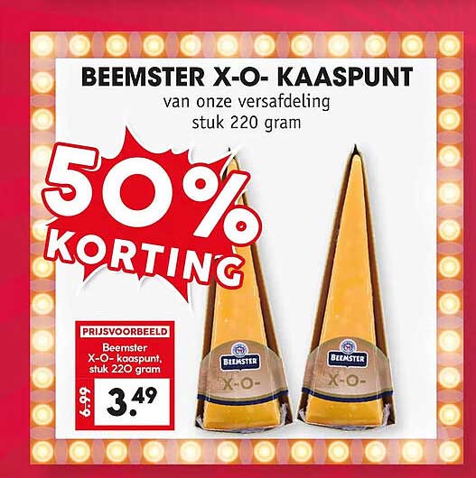 BEEMSTER X-O- KAASPUNT van onze versafdeling stuk 220 gram 50% KORTING