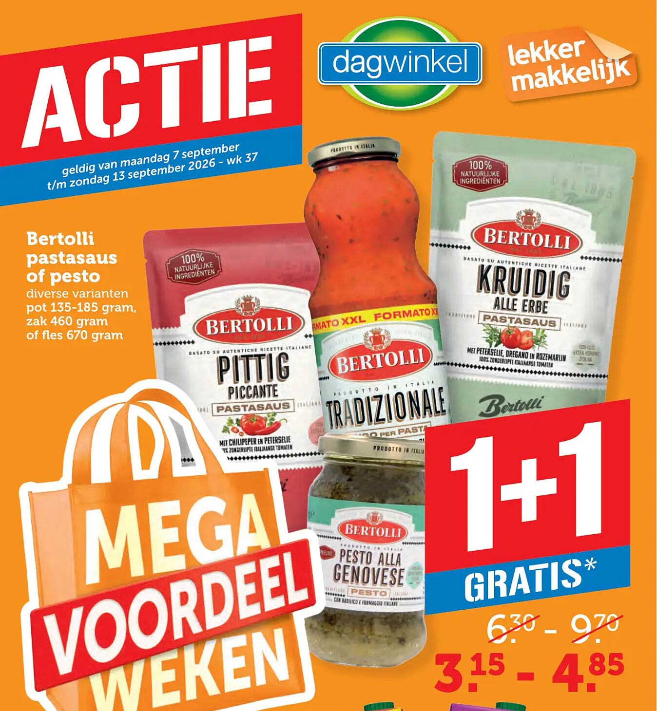 Bertolli pastasaus of pesto 1+1 gratis