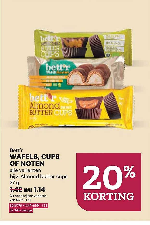 Bett'r Wafels, cups of noten alle varianten bijv: Almond butter cups 37 g 20% KORTING
