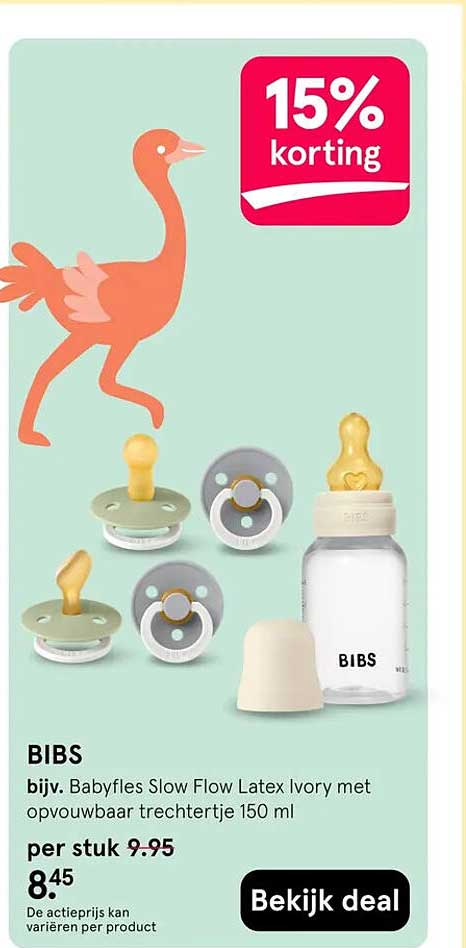 BIBS bijv. Babyfles Slow Flow Latex Ivory met opvouwbaar trechtertje 150 ml 15% korting