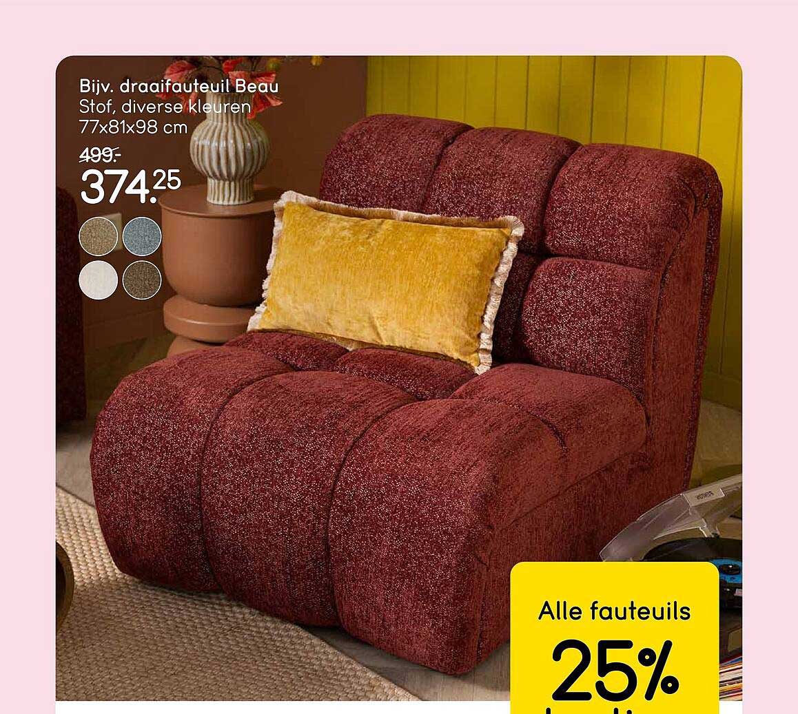 Bijv. draaifauteuil Beau Stof, diverse kleuren 77x81x98 cm