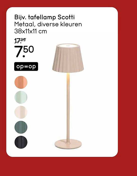 Bijv. tafellamp Scotti Metaal, diverse kleuren 38x11x11 cm op=op